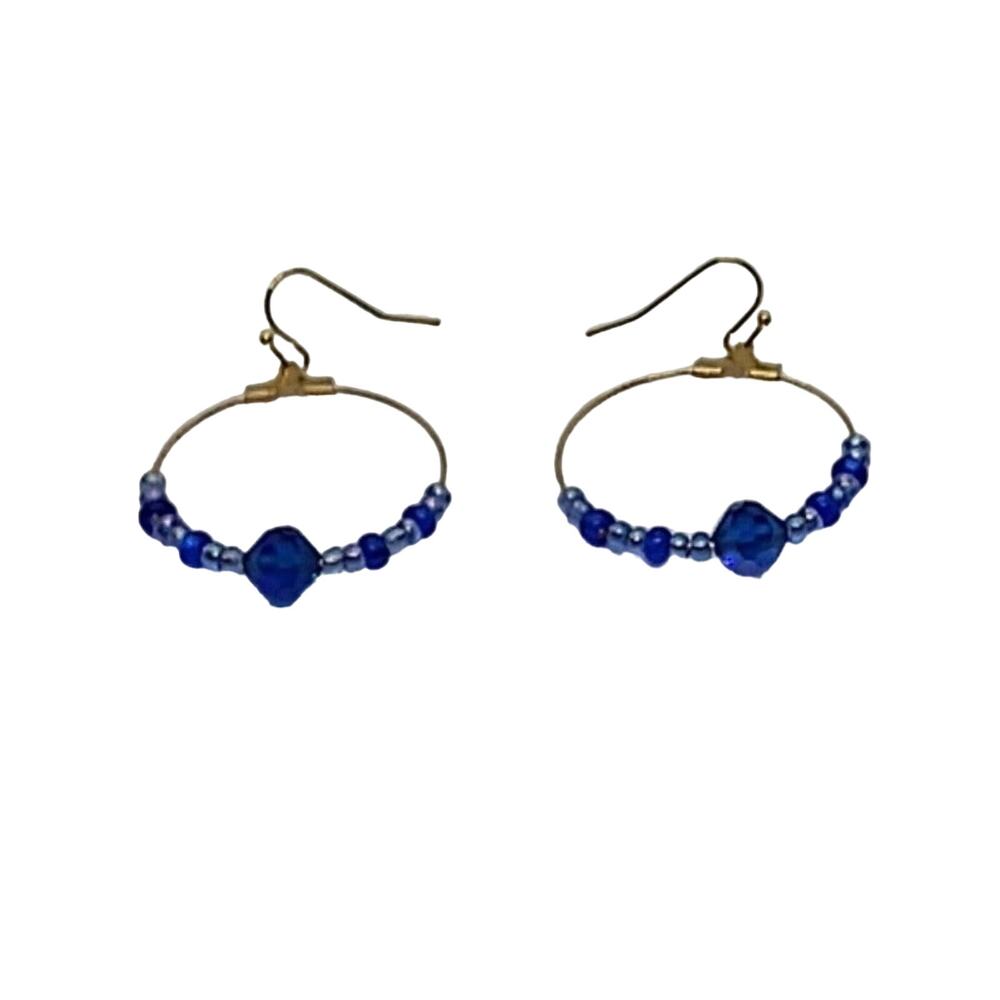 Hoop Earrings Blue Seed Beads Crystal Gold Tone Fishhook Ear Wires
